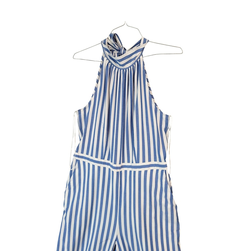 J.Crew Striped‎ Halter Jumpsuit Blue White Tie Neck Wide Leg Size 8 - Picture 3 of 9
